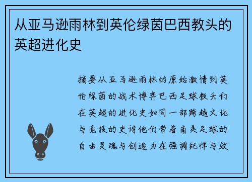 从亚马逊雨林到英伦绿茵巴西教头的英超进化史